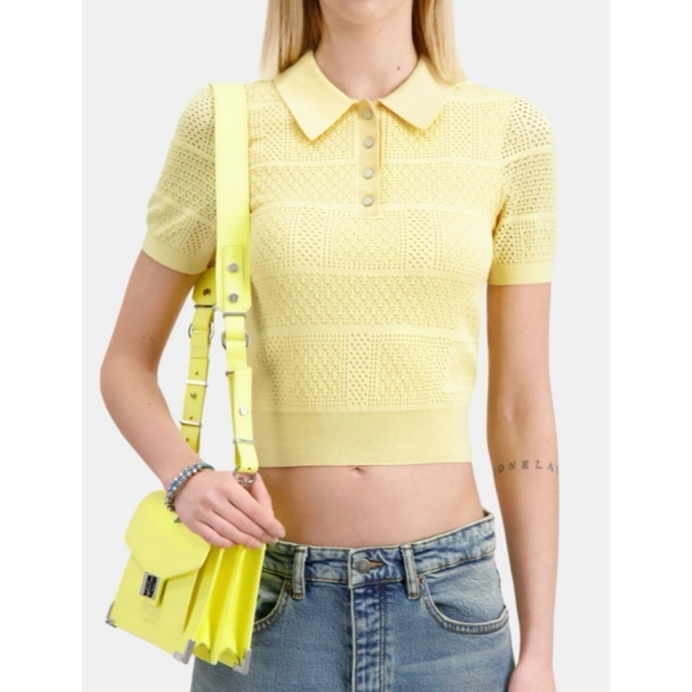 The Kooples Light Yellow Openwork Knit Polo T-Shirt